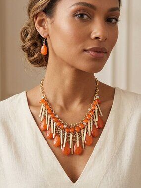 Bijou  Orange statement necklace with earrings set